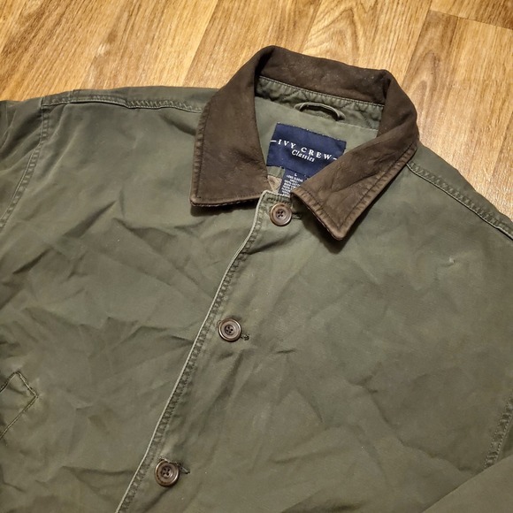 Vintage 90s Chore Barn Coat Men L Green Lined Jacket Leather Collar Ivy Crew - Picture 1 of 11
